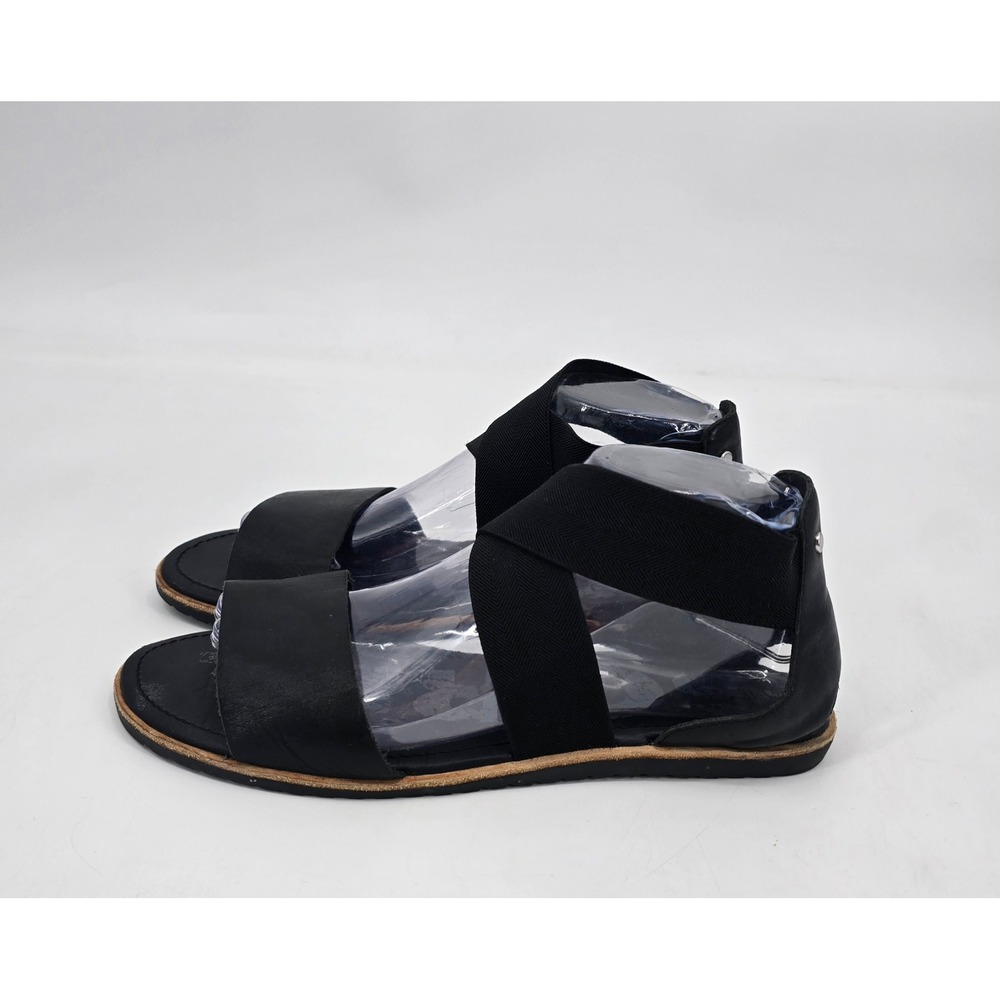 Sorel Ella II Black Leather Elastic Strap Ankle Sandals Gladiator Minimalist 9.5